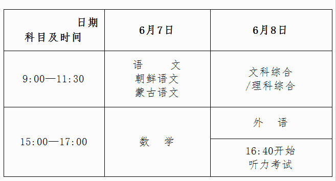 2016年普通高等學校招生全國統(tǒng)一考試科目時間安排