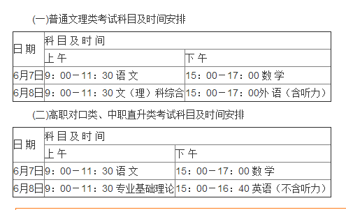 重慶市2016年普通高校招生統(tǒng)一考試科目及時(shí)間安排