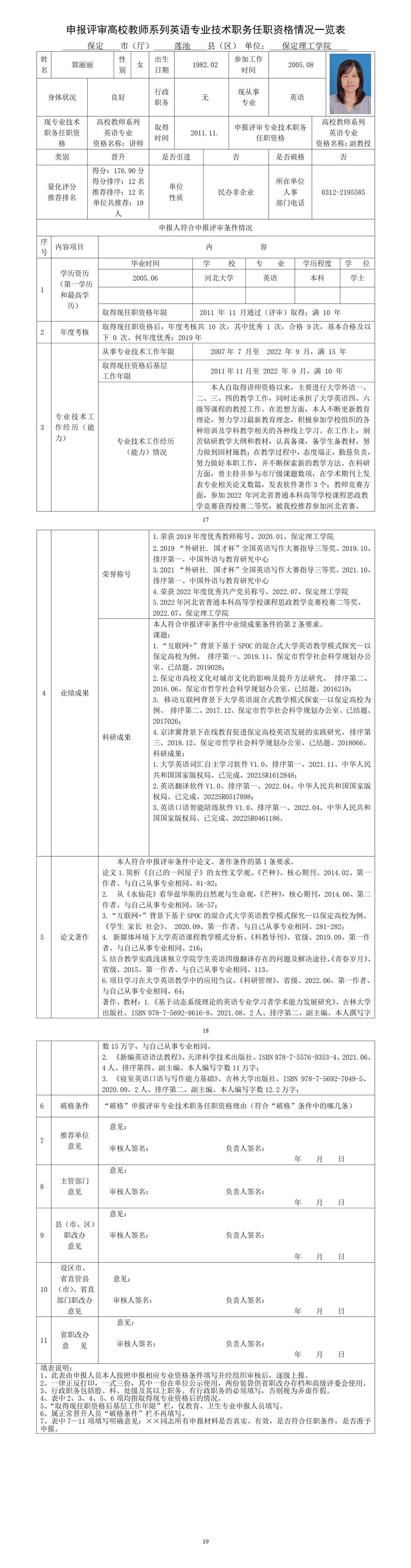 郭麗麗任職資格情況一覽表