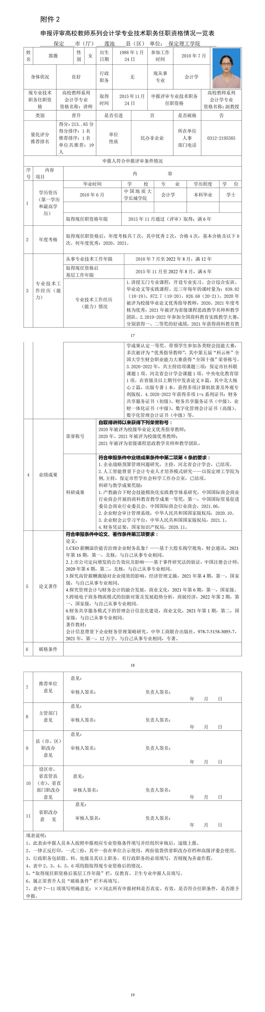 郭薇任職資格情況一覽表