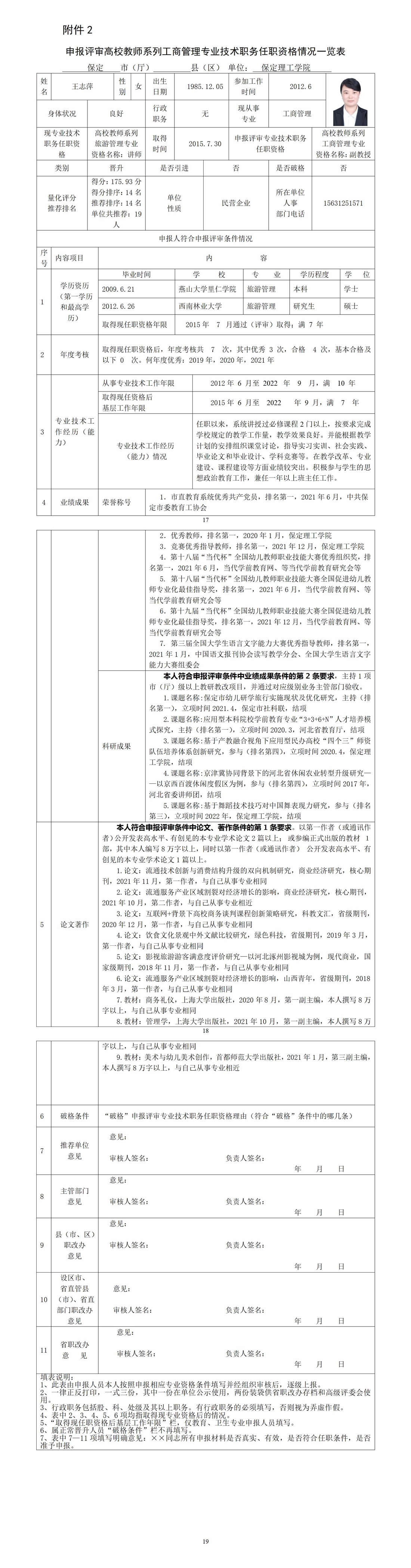 王志萍任職資格情況一覽表